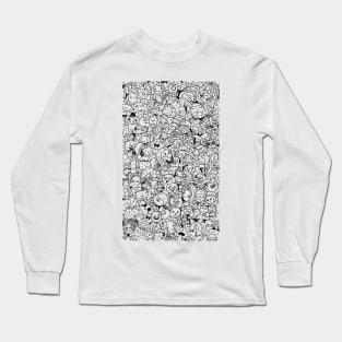 full doodle cute creatures illustration black and white design by shoosh Long Sleeve T-Shirt